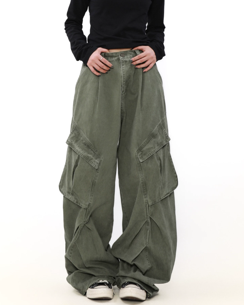 Vintage Washed Army Green Parachute Cargo Pants