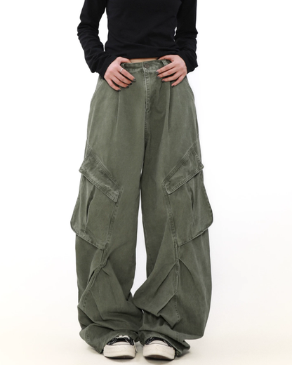 Vintage Washed Army Green Parachute Cargo Pants