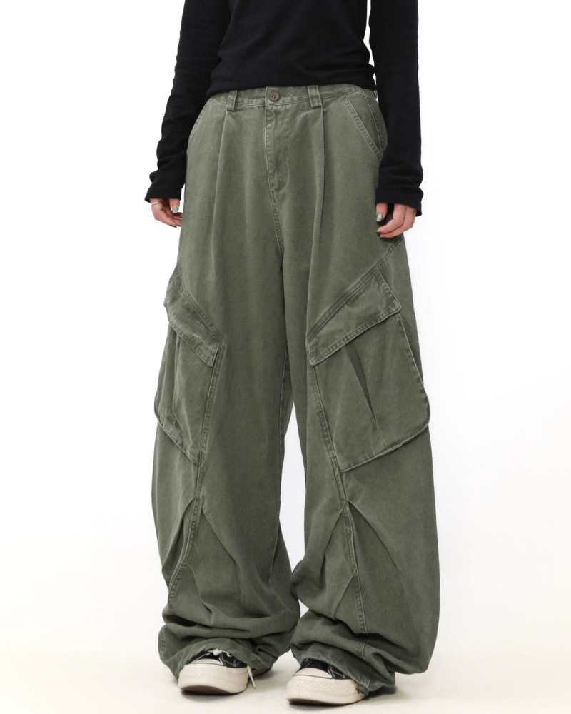 Vintage Washed Army Green Parachute Cargo Pants