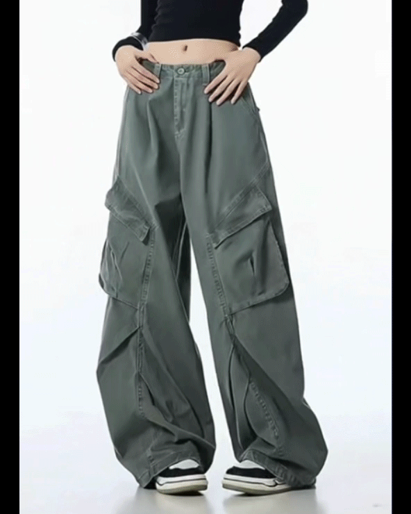 Vintage Washed Army Green Parachute Cargo Pants