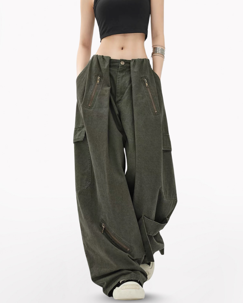 Vintage Wide-Leg Big Pockets Women Cargo Pants