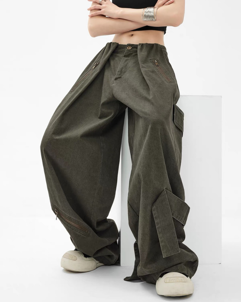 Vintage Wide-Leg Big Pockets Women Cargo Pants