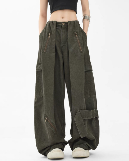 Vintage Wide-Leg Big Pockets Women Cargo Pants