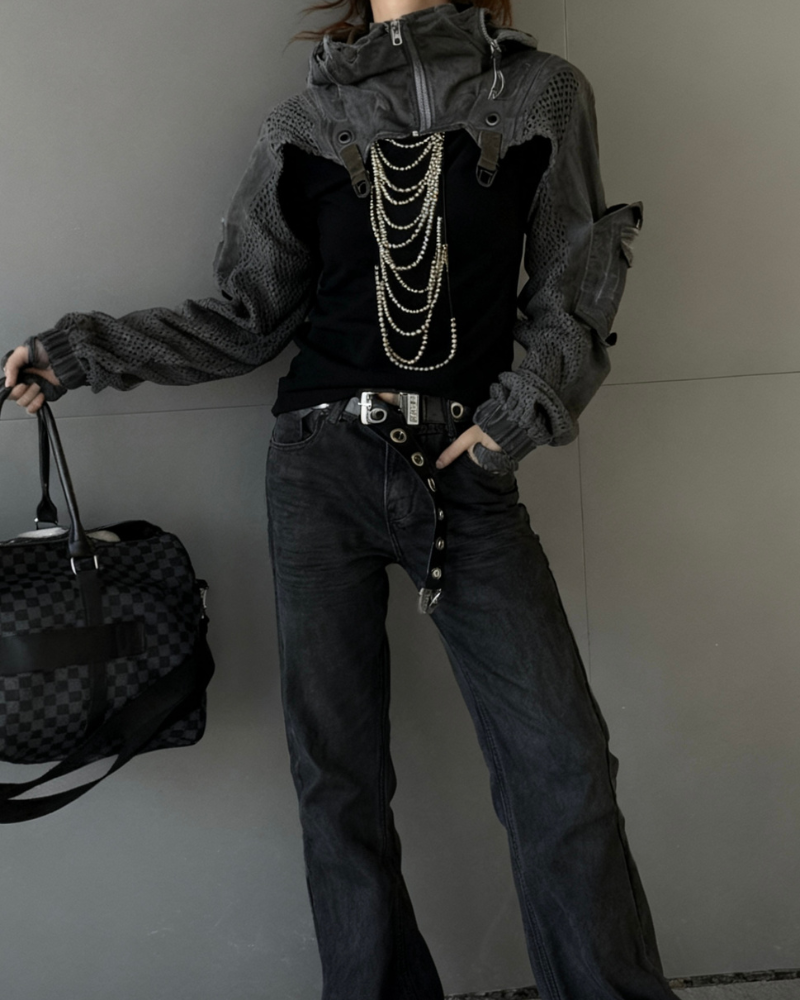 Techwear Post-Apocalyptic Hooded Mesh Color-Block Cape Jacket