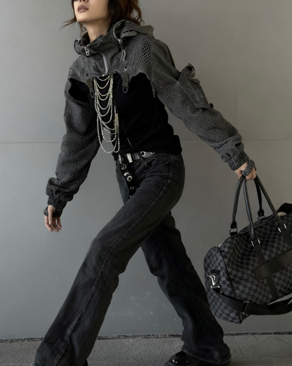 Techwear Post-Apocalyptic Hooded Mesh Color-Block Cape Jacket