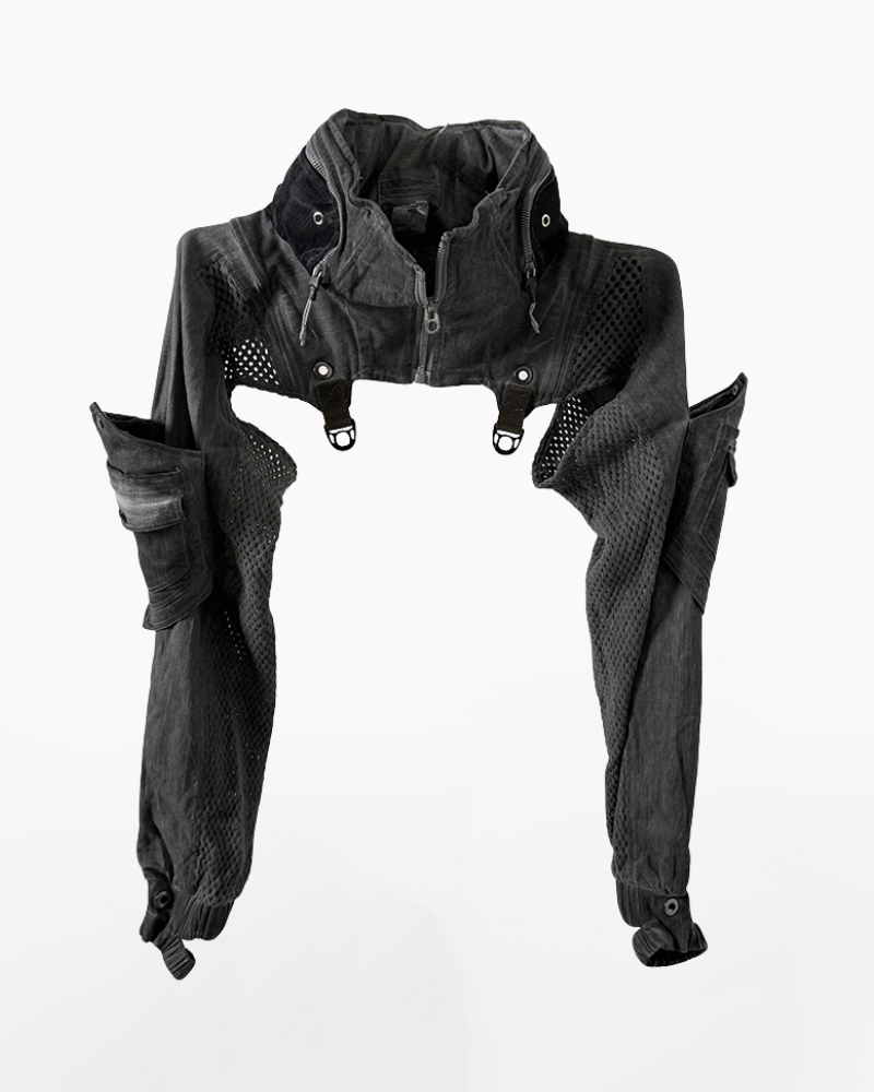 Techwear Post-Apocalyptic Hooded Mesh Color-Block Cape Jacket