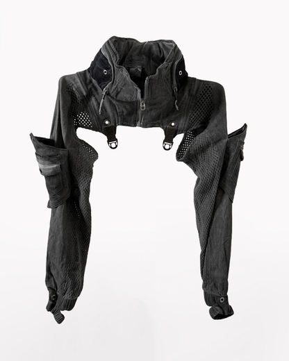 Techwear Post-Apocalyptic Hooded Mesh Color-Block Cape Jacket