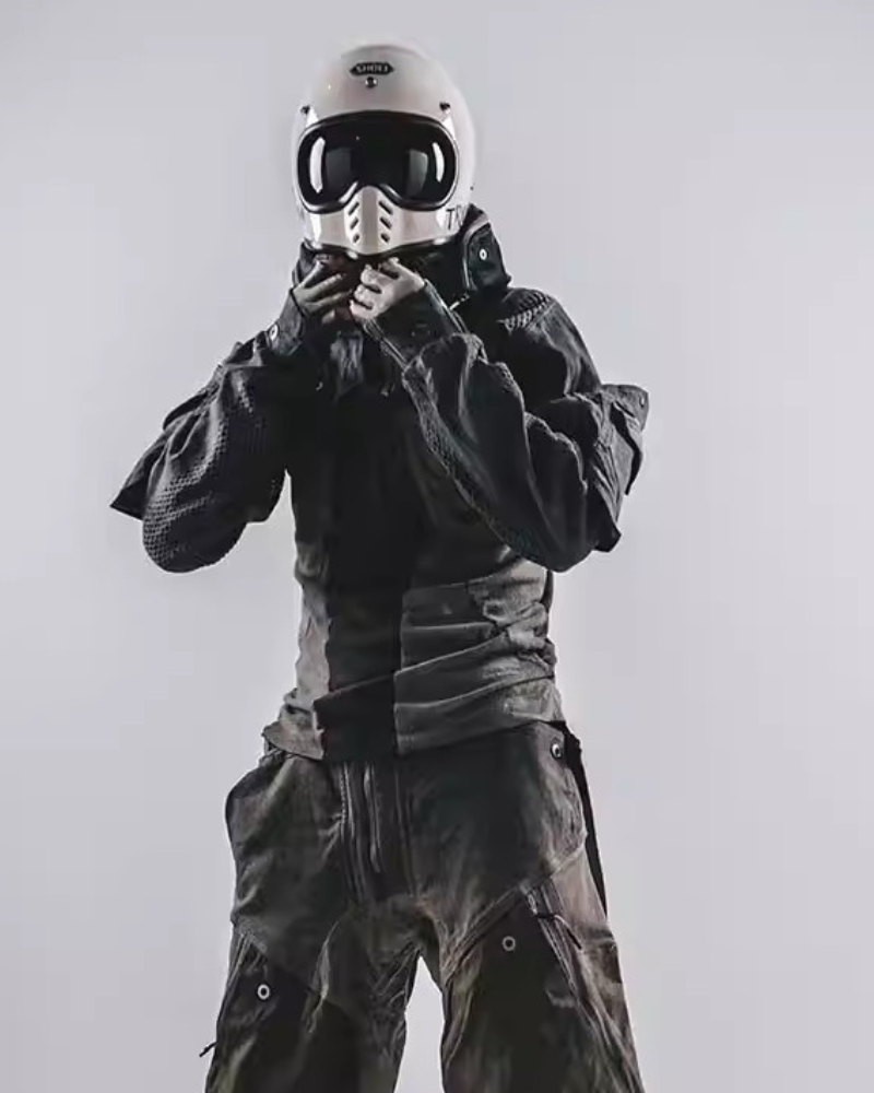 Techwear Post-Apocalyptic Hooded Mesh Color-Block Cape Jacket