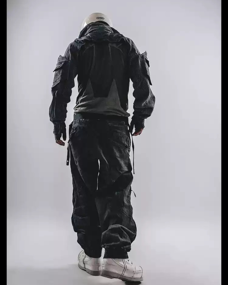 Techwear Post-Apocalyptic Hooded Mesh Color-Block Cape Jacket