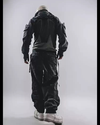 Techwear Post-Apocalyptic Hooded Mesh Color-Block Cape Jacket