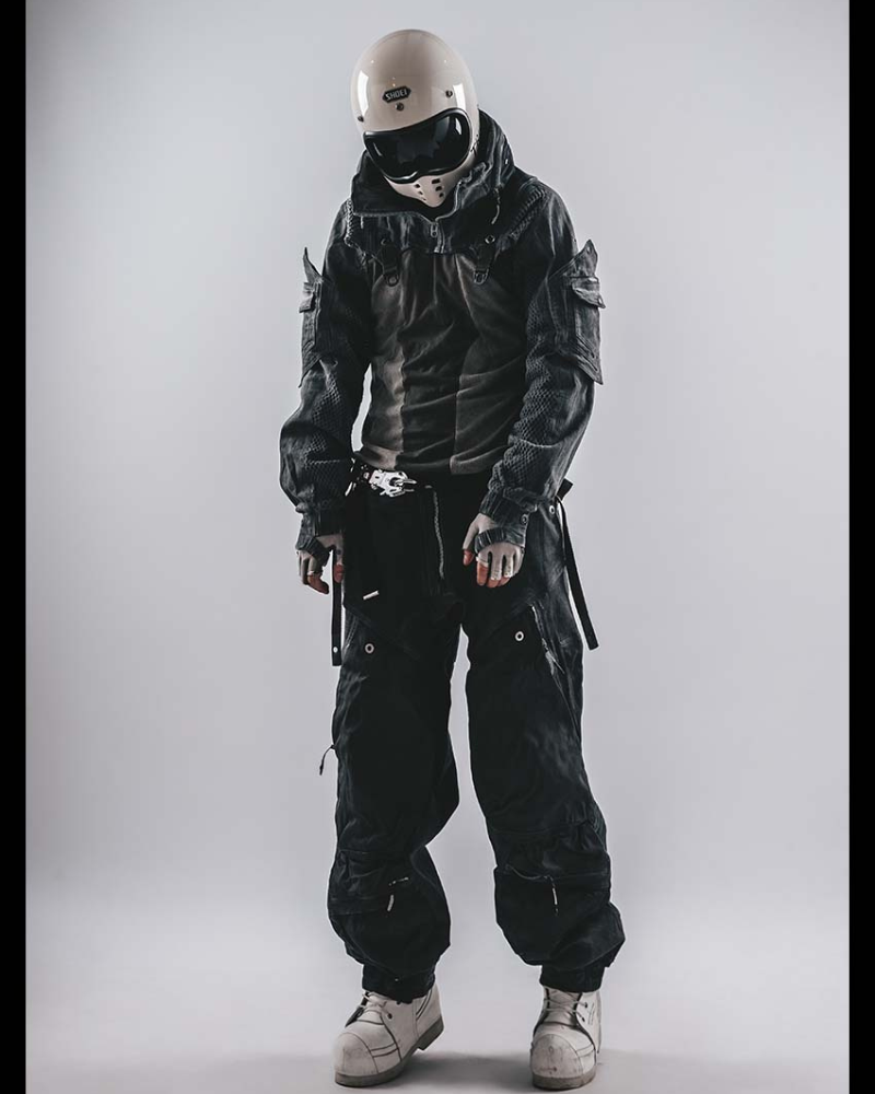 Techwear Post-Apocalyptic Hooded Mesh Color-Block Cape Jacket