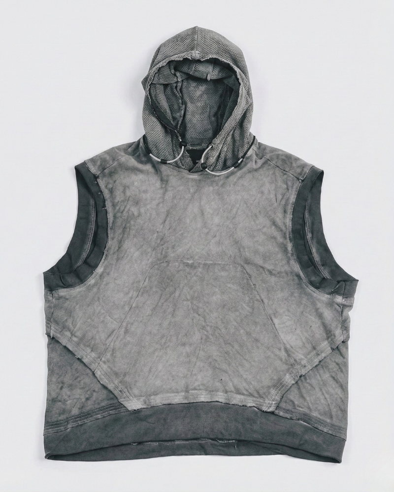 Wasteland-Style Color-Block Raw-Edge Hooded Sleeveless T-Shirt