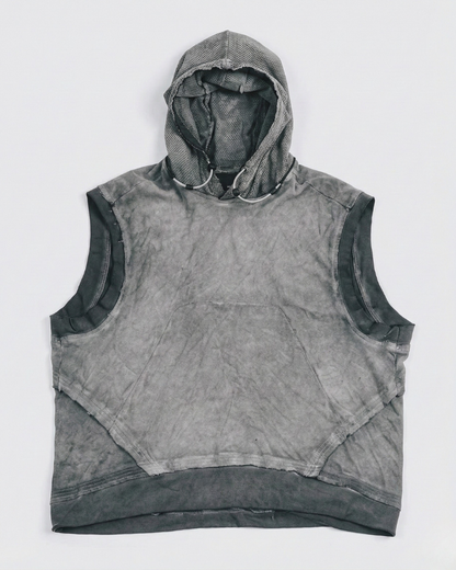 Wasteland-Style Color-Block Raw-Edge Hooded Sleeveless T-Shirt