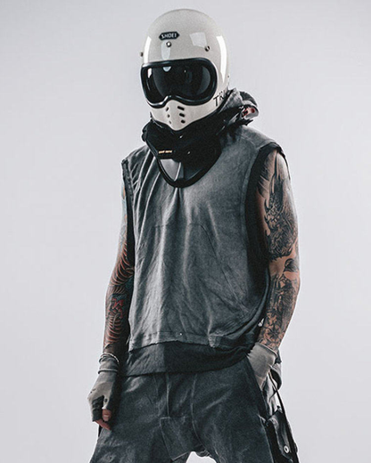 Wasteland-Style Color-Block Raw-Edge Hooded Sleeveless T-Shirt