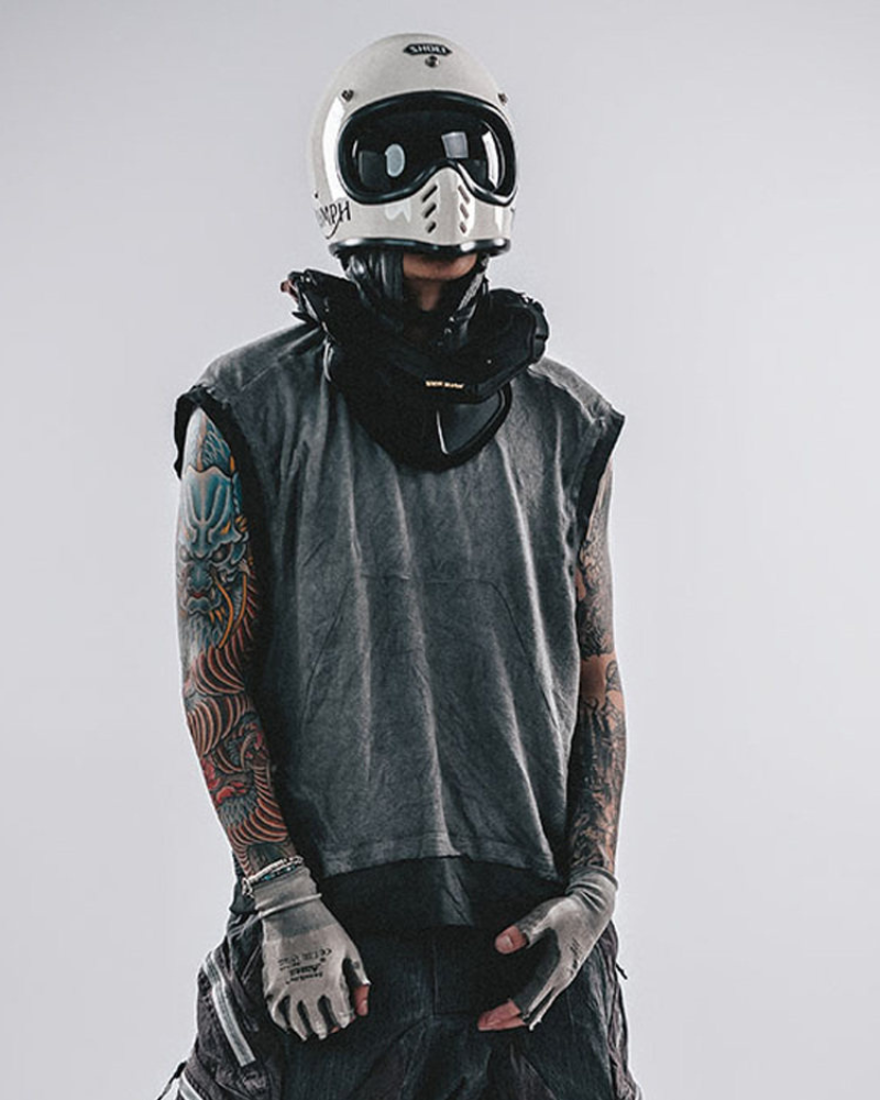 Wasteland-Style Color-Block Raw-Edge Hooded Sleeveless T-Shirt
