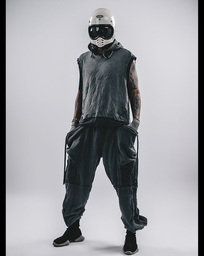 Wasteland-Style Color-Block Raw-Edge Hooded Sleeveless T-Shirt