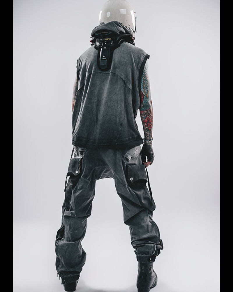 Wasteland-Style Color-Block Raw-Edge Hooded Sleeveless T-Shirt