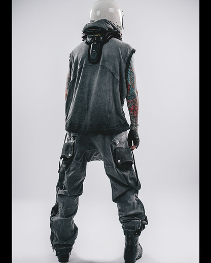 Wasteland-Style Color-Block Raw-Edge Hooded Sleeveless T-Shirt