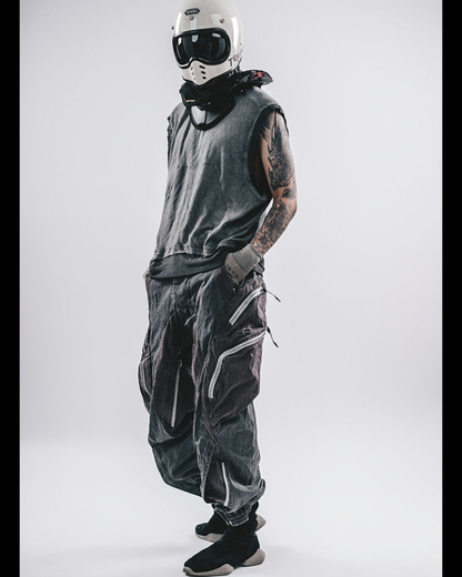 Wasteland-Style Color-Block Raw-Edge Hooded Sleeveless T-Shirt