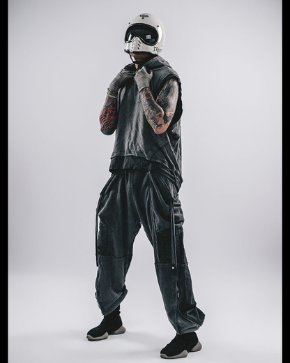 Wasteland-Style Color-Block Raw-Edge Hooded Sleeveless T-Shirt