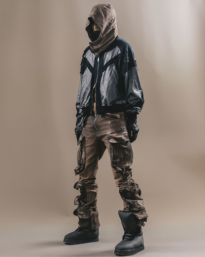 Wasteland-Style Distressed Layered Patchwork Zip-Up Hoodie