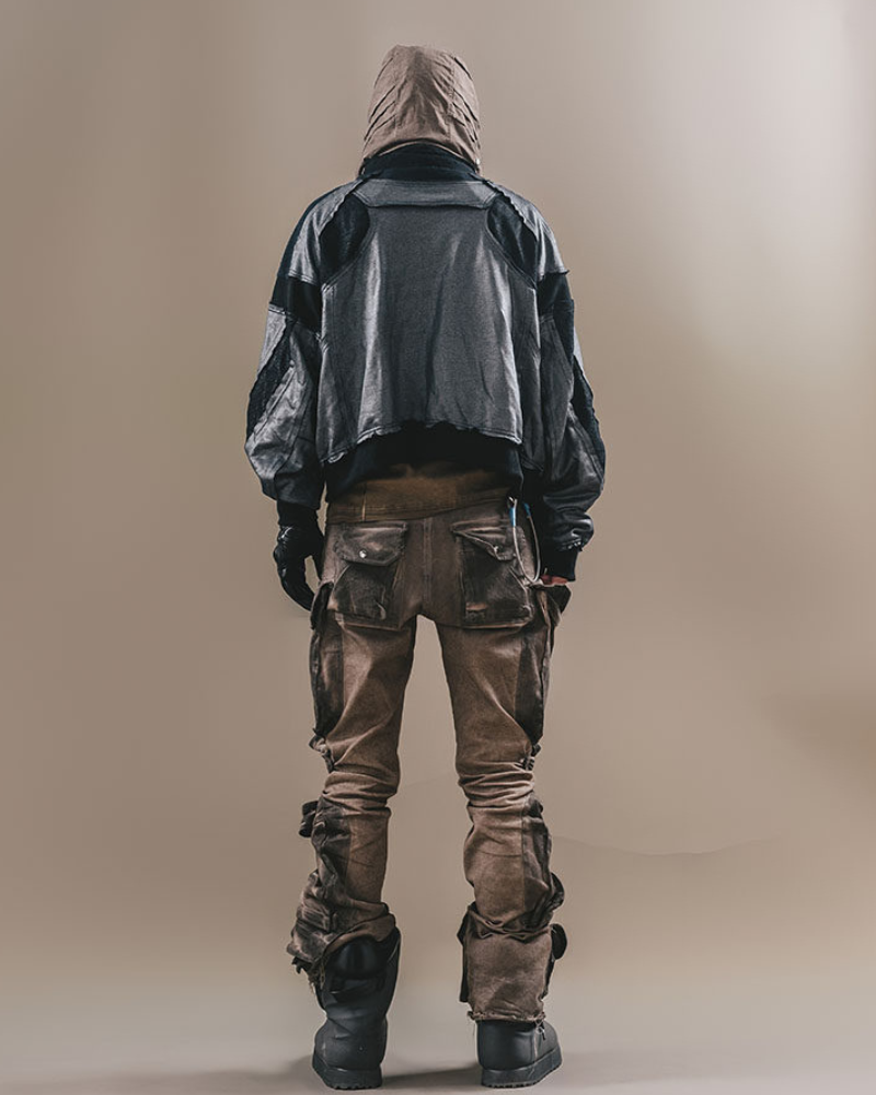 Wasteland-Style Distressed Layered Patchwork Zip-Up Hoodie