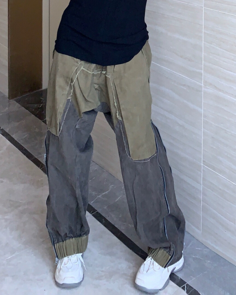 Wasteland Wear Color-Blocked Drawstring Zipper Cargo Pants