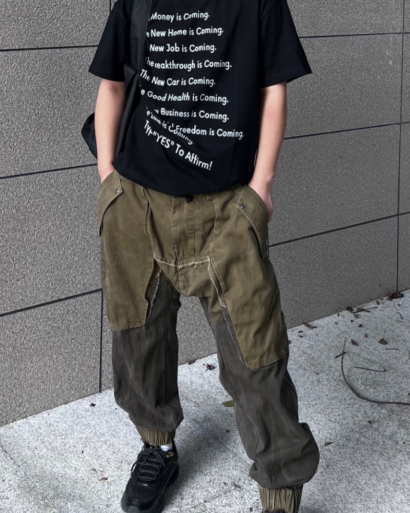 Wasteland Wear Color-Blocked Drawstring Zipper Cargo Pants