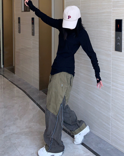 Wasteland Wear Color-Blocked Drawstring Zipper Cargo Pants