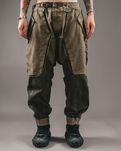 Wasteland Wear Color-Blocked Drawstring Zipper Cargo Pants