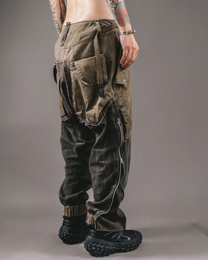 Wasteland Wear Color-Blocked Drawstring Zipper Cargo Pants