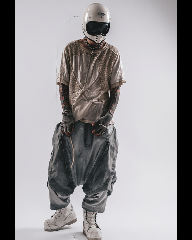 Wasteland Wear Distressed Dual-Layer Mesh Patchwork T-Shirt