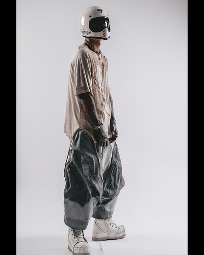 Wasteland Wear Distressed Dual-Layer Mesh Patchwork T-Shirt