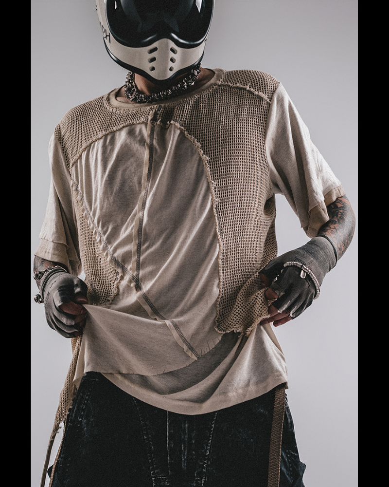 Wasteland Wear Distressed Dual-Layer Mesh Patchwork T-Shirt