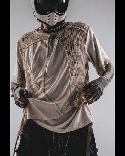Wasteland Wear Distressed Dual-Layer Mesh Patchwork T-Shirt