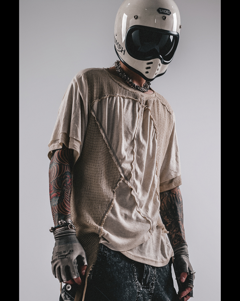 Wasteland Wear Distressed Dual-Layer Mesh Patchwork T-Shirt