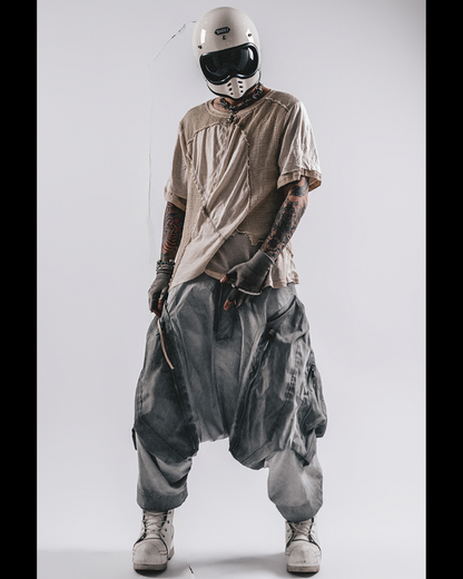 Wasteland Wear Distressed Dual-Layer Mesh Patchwork T-Shirt