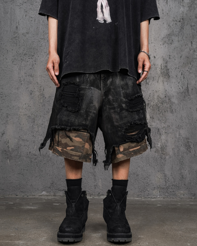 Wasteland Wear Distressed Patchwork Camo Cargo Shorts | Baggy Jorts