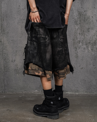 Wasteland Wear Distressed Patchwork Camo Cargo Shorts | Baggy Jorts