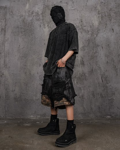 Wasteland Wear Distressed Patchwork Camo Cargo Shorts | Baggy Jorts