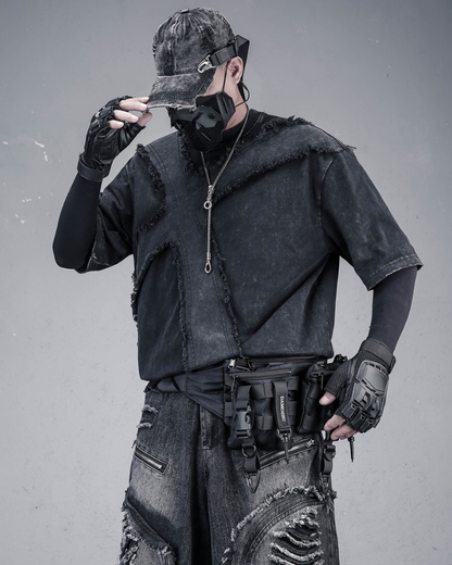 Wasteland Street Distressed Washed Cross-Panel T-Shirt