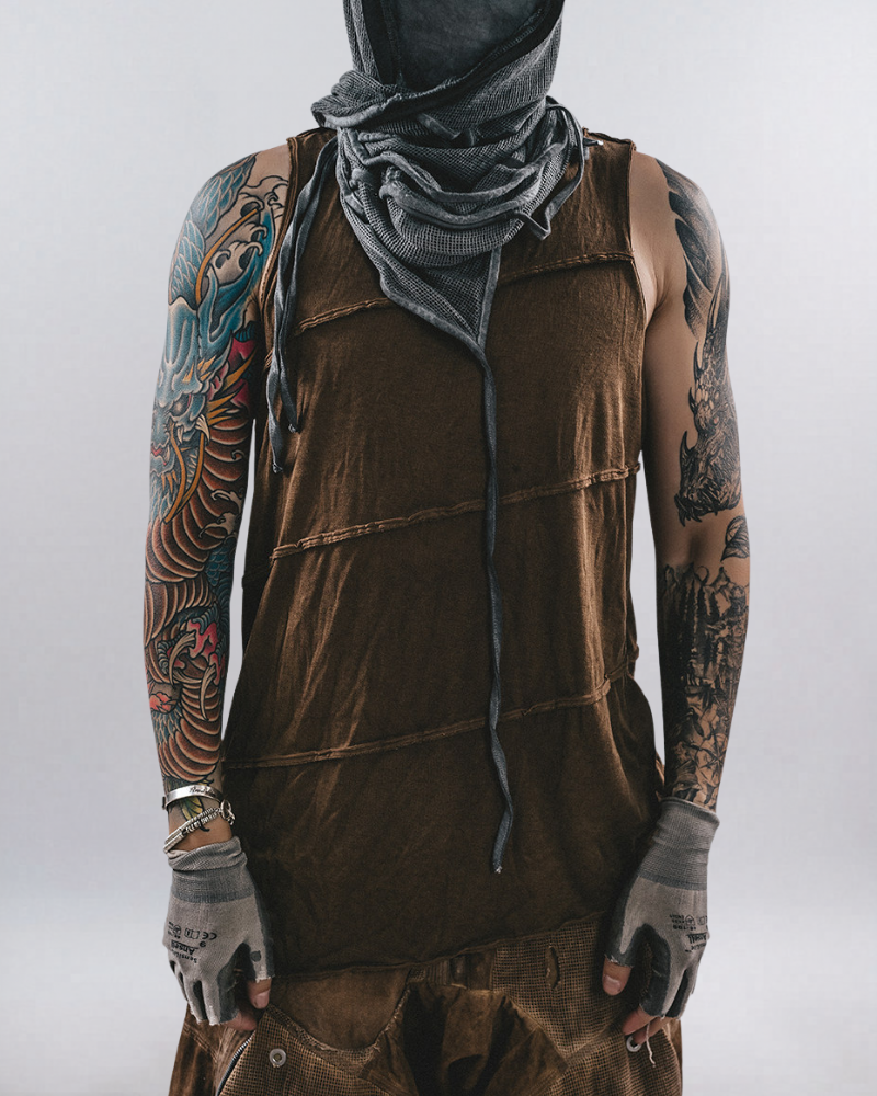 Deconstructed tank top, raw edge sleeveless shirt, vintage washed vest, distressed streetwear tee, diagonal spliced top, asymmetric men&