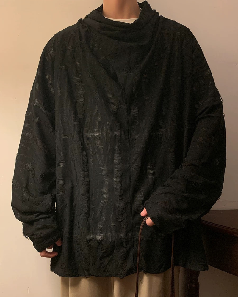 Wasteland Style Distressed Ripped High Collar Sweatshirt