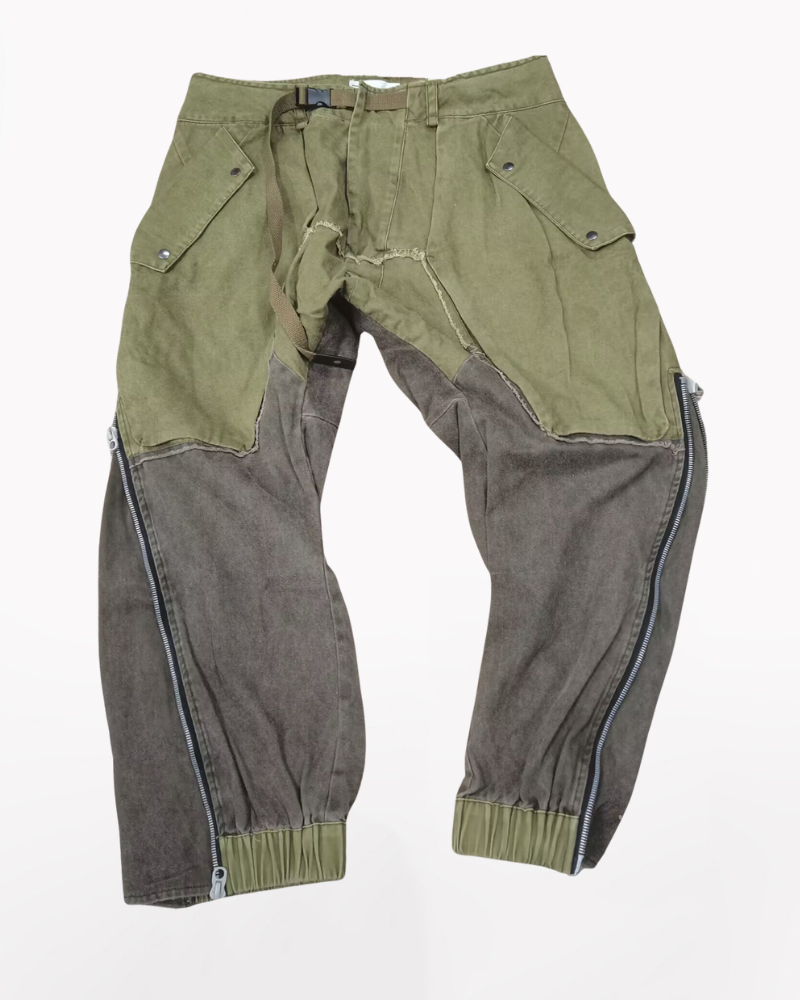 Wasteland Wear Color-Blocked Drawstring Zipper Cargo Pants