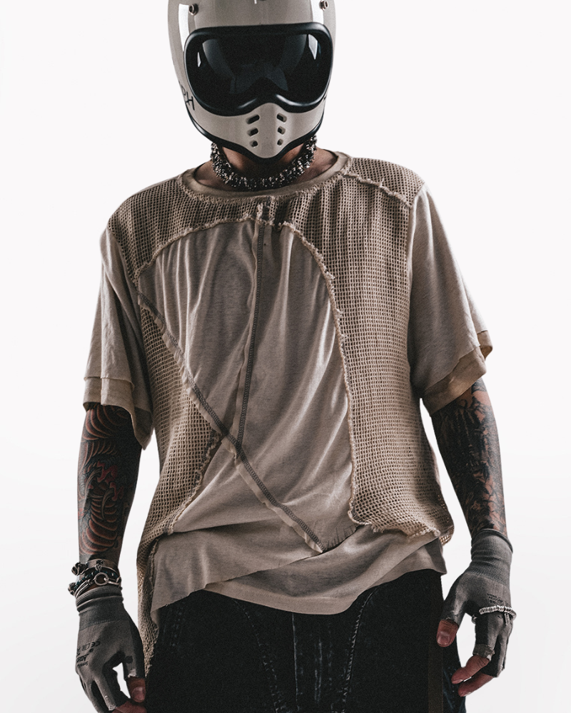 Wasteland Wear Distressed Dual-Layer Mesh Patchwork T-Shirt