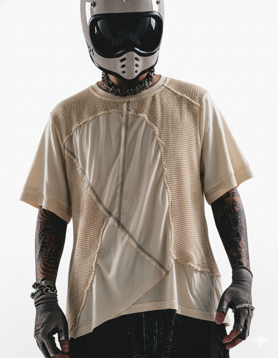 Wasteland Wear Distressed Dual-Layer Mesh Patchwork T-Shirt