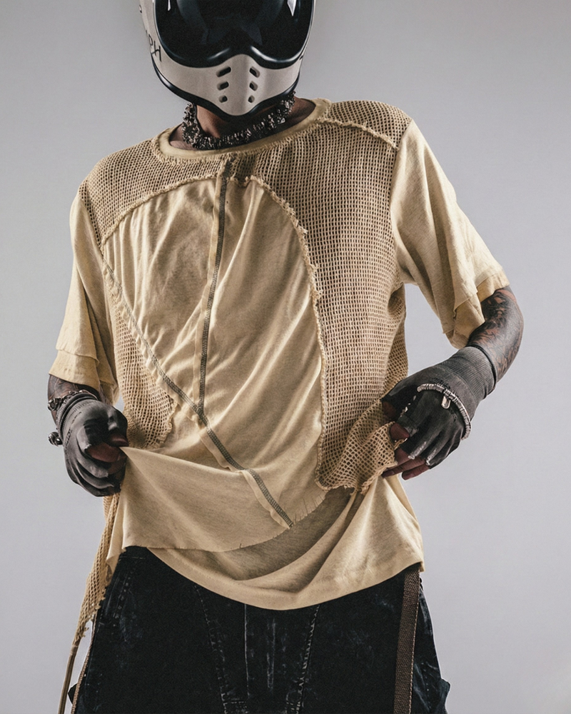 Wasteland Wear Distressed Dual-Layer Mesh Patchwork T-Shirt