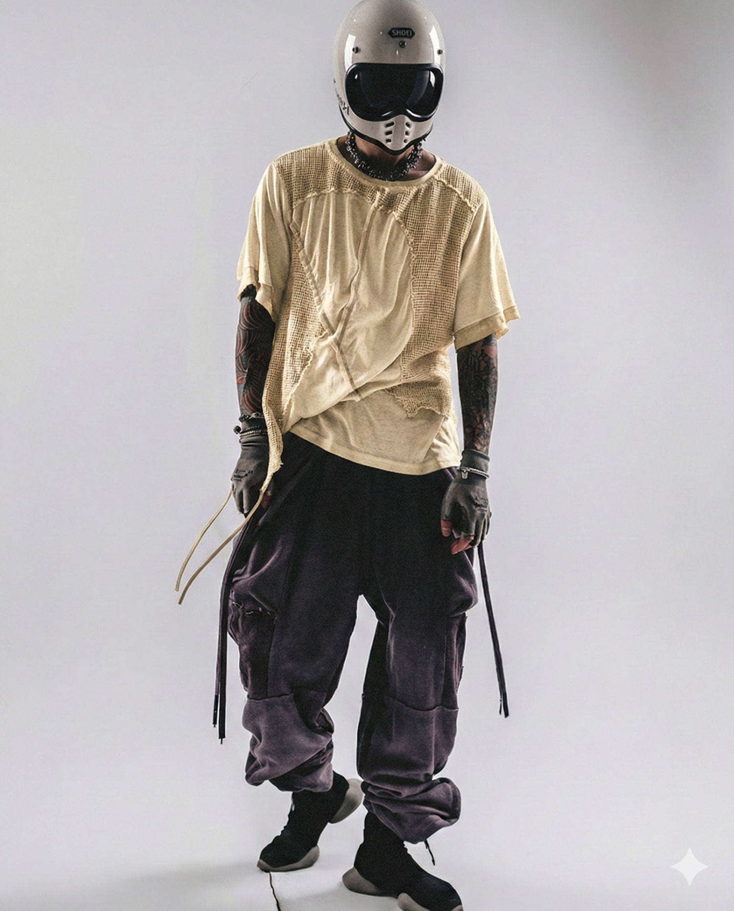 Wasteland Wear Distressed Dual-Layer Mesh Patchwork T-Shirt