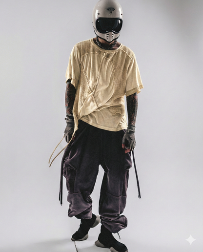 Wasteland Wear Distressed Dual-Layer Mesh Patchwork T-Shirt