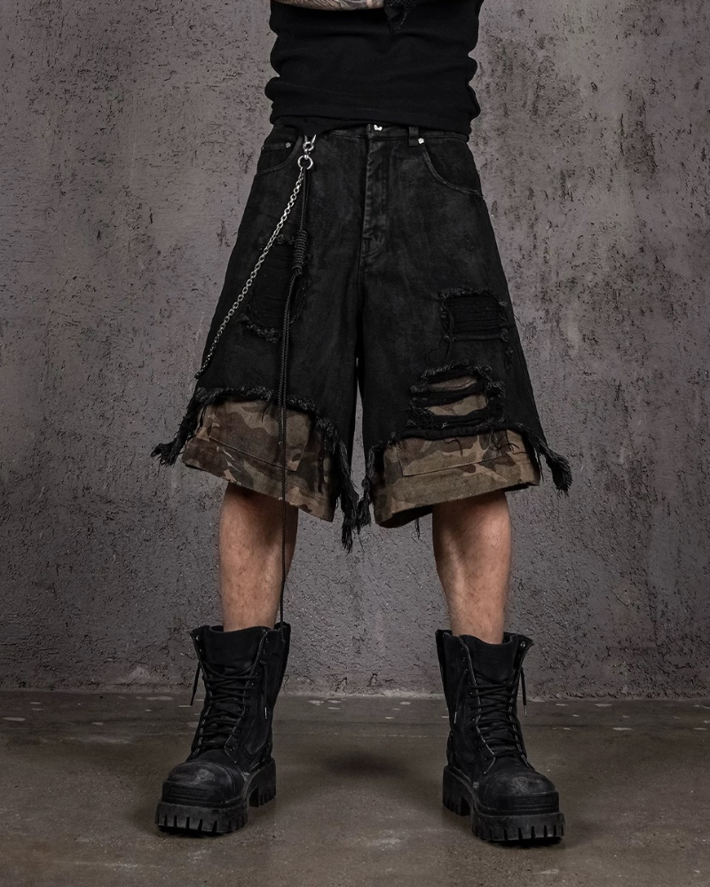 Wasteland Wear Distressed Patchwork Camo Cargo Shorts | Baggy Jorts
